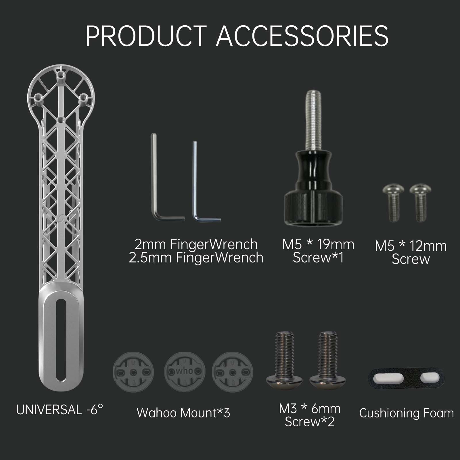 Universal -6° titanium 3D Printed Bike Computer Mount, Samassi accessories including screws and tools.